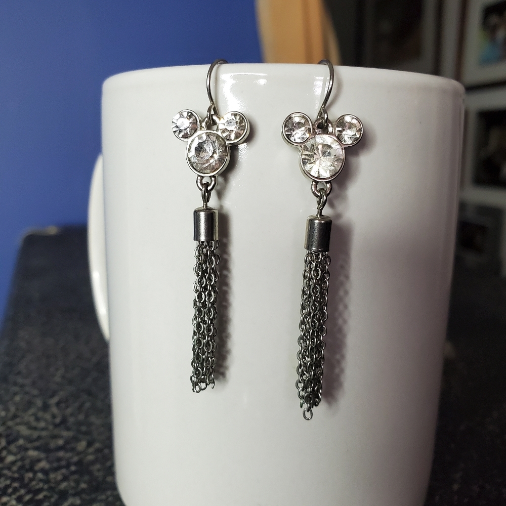 Disney Mickey Mouse dangle earrings silver tone chain clear crystal faux diamond